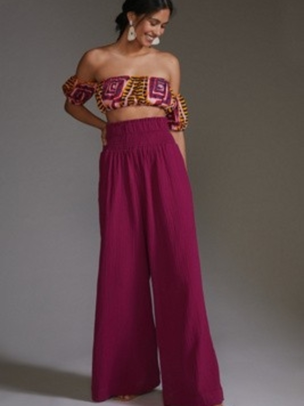 Anthropologie Wide-Leg High Smocked Waist Pants in Deep Magenta